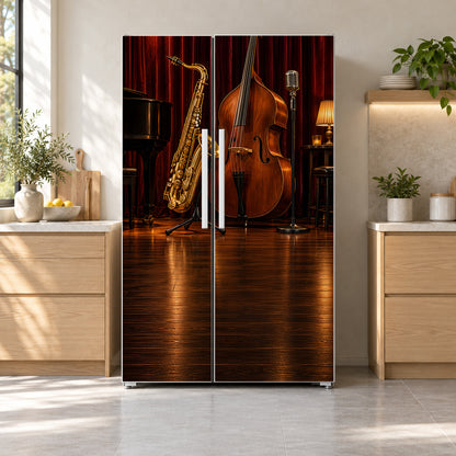 Jazz Club fridge wrap on a side-by-side refrigerator