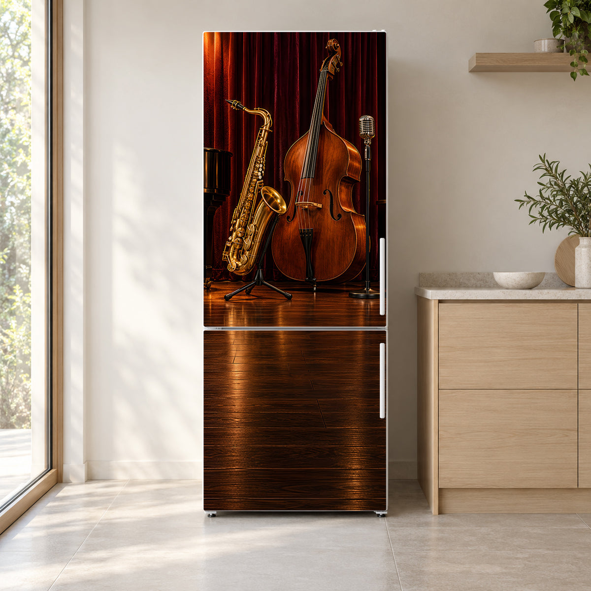 Jazz Club fridge wrap on a white refrigerator in a bright kitchen