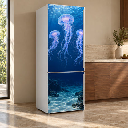 Jellyfish fridge wrap, refrigerator shown at an angle