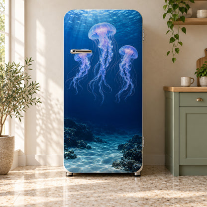 Jellyfish fridge wrap on a retro refrigerator