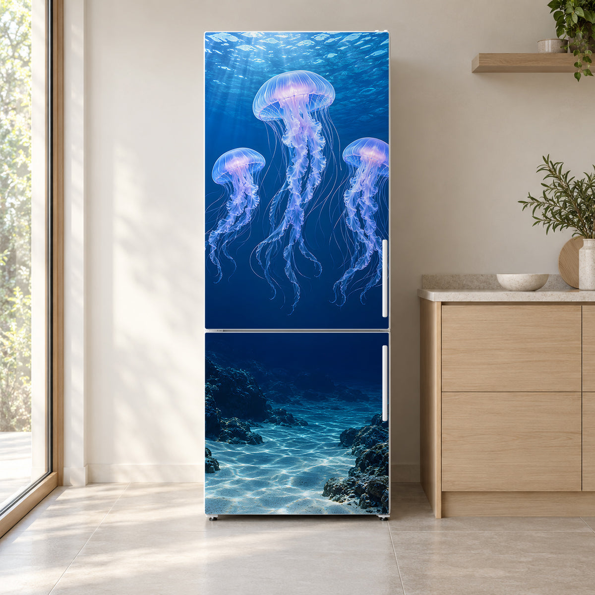Jellyfish fridge wrap on a white refrigerator in a bright kitchen