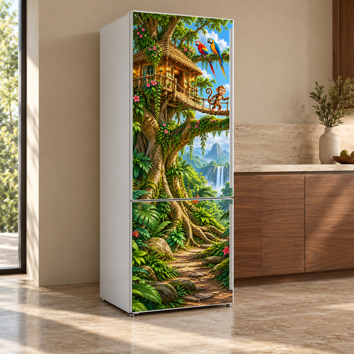 Jungle Treehouse fridge wrap, refrigerator shown at an angle