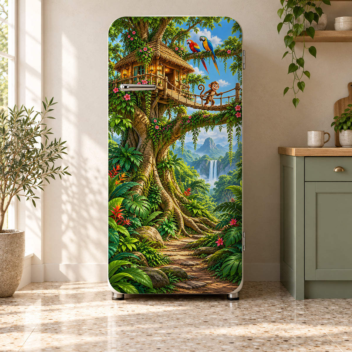 Jungle Treehouse fridge wrap on a retro refrigerator