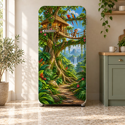 Jungle Treehouse fridge wrap on a retro refrigerator