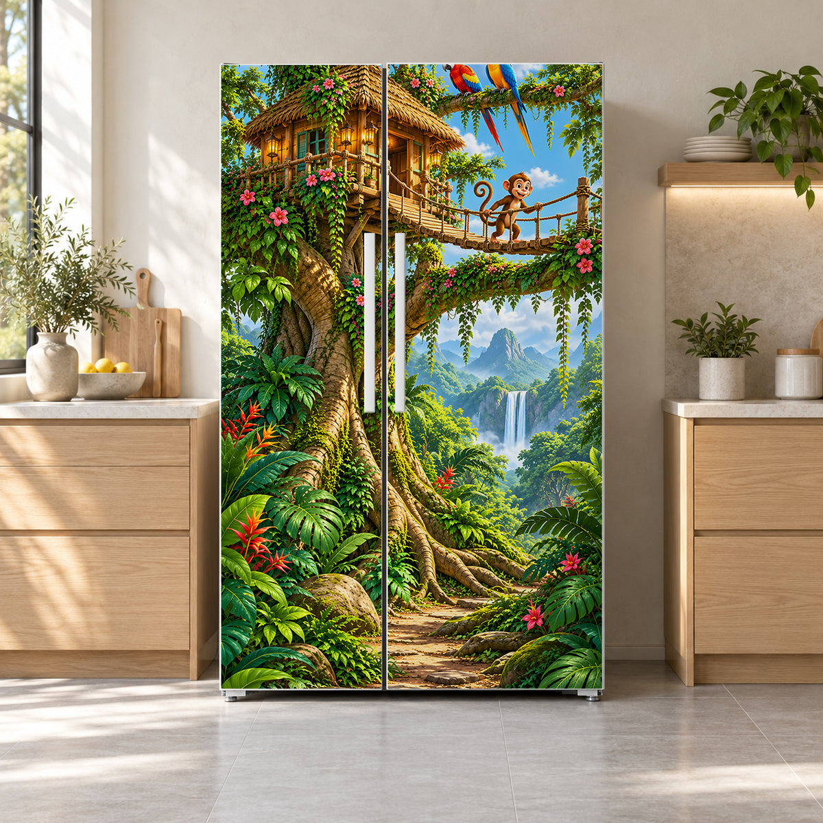 Jungle Treehouse fridge wrap on a side-by-side refrigerator
