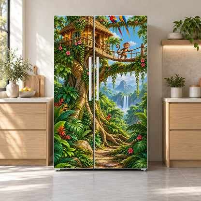 Jungle Treehouse fridge wrap on a side-by-side refrigerator