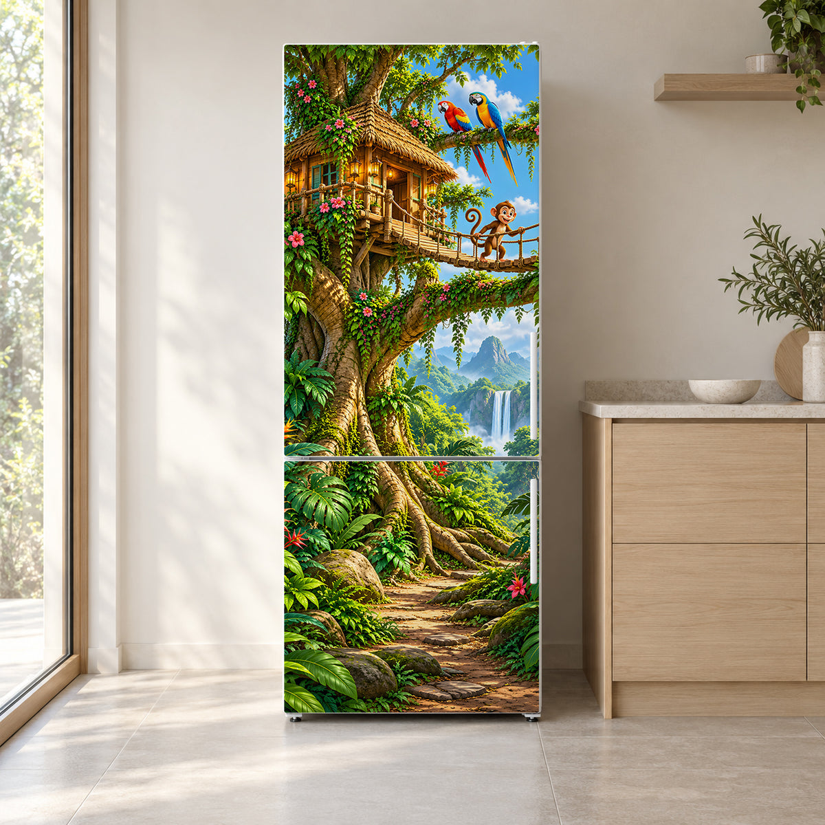 Jungle Treehouse fridge wrap on a white refrigerator in a bright kitchen