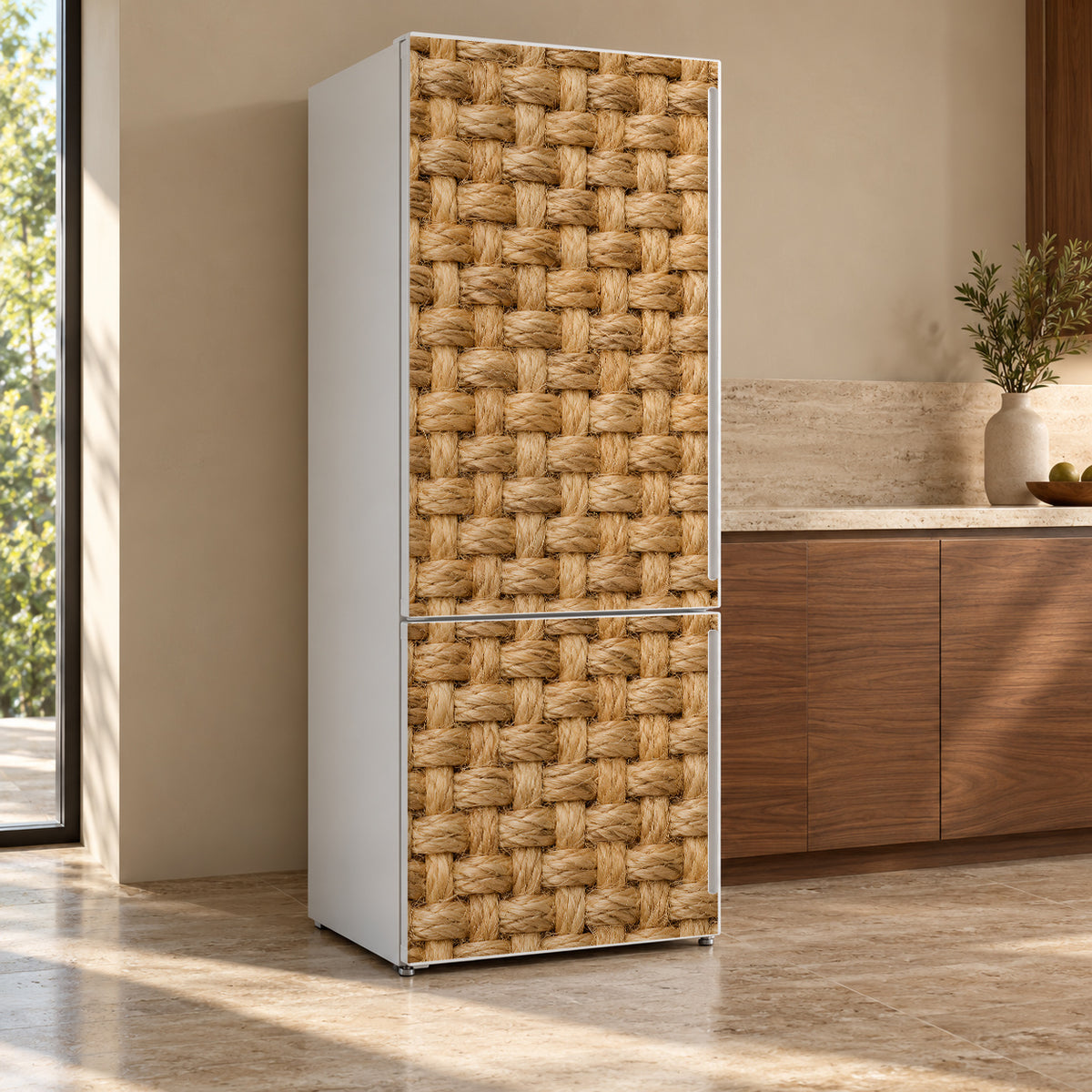 Jute Basketweave fridge wrap, refrigerator shown at an angle