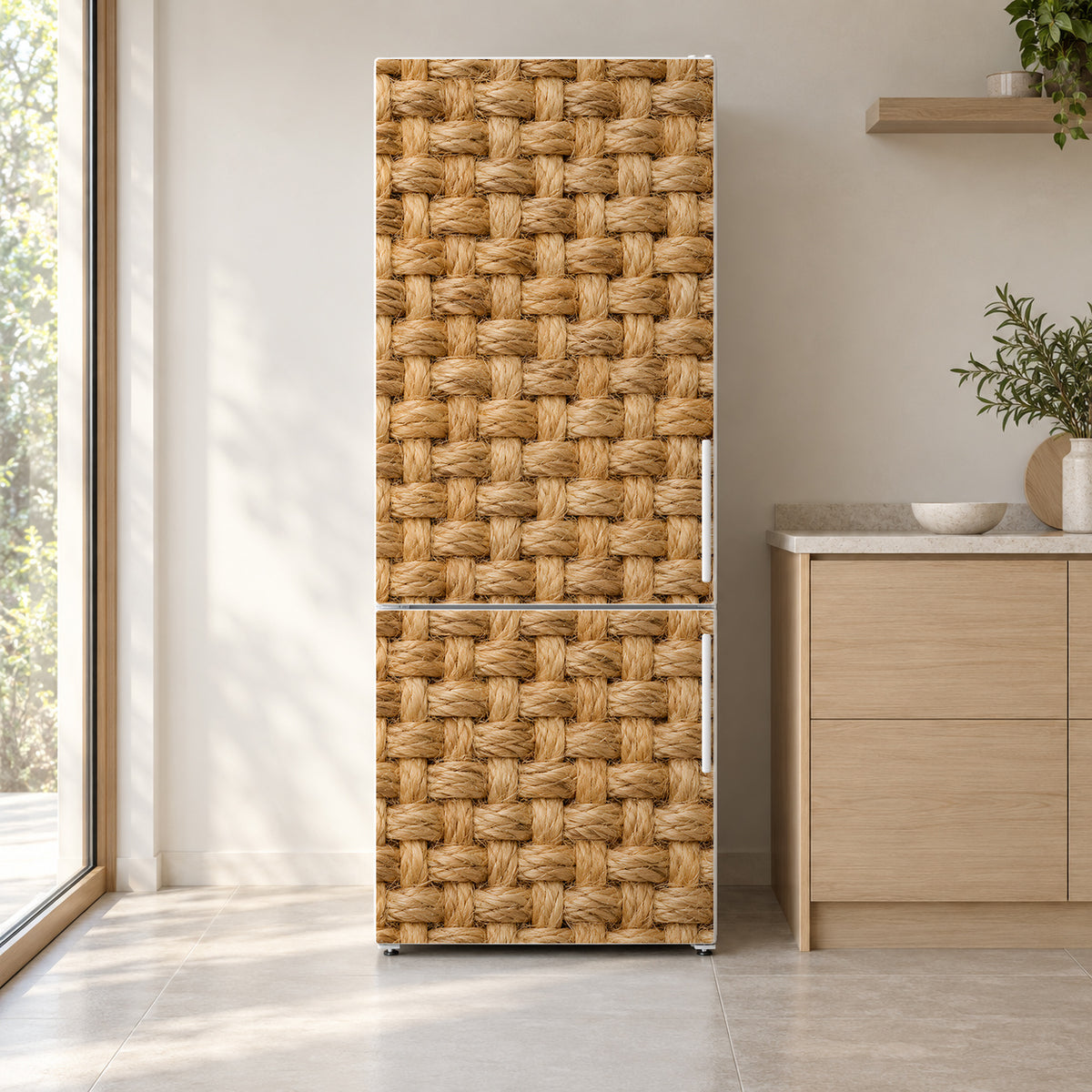 Jute Basketweave fridge wrap on a white refrigerator in a bright kitchen