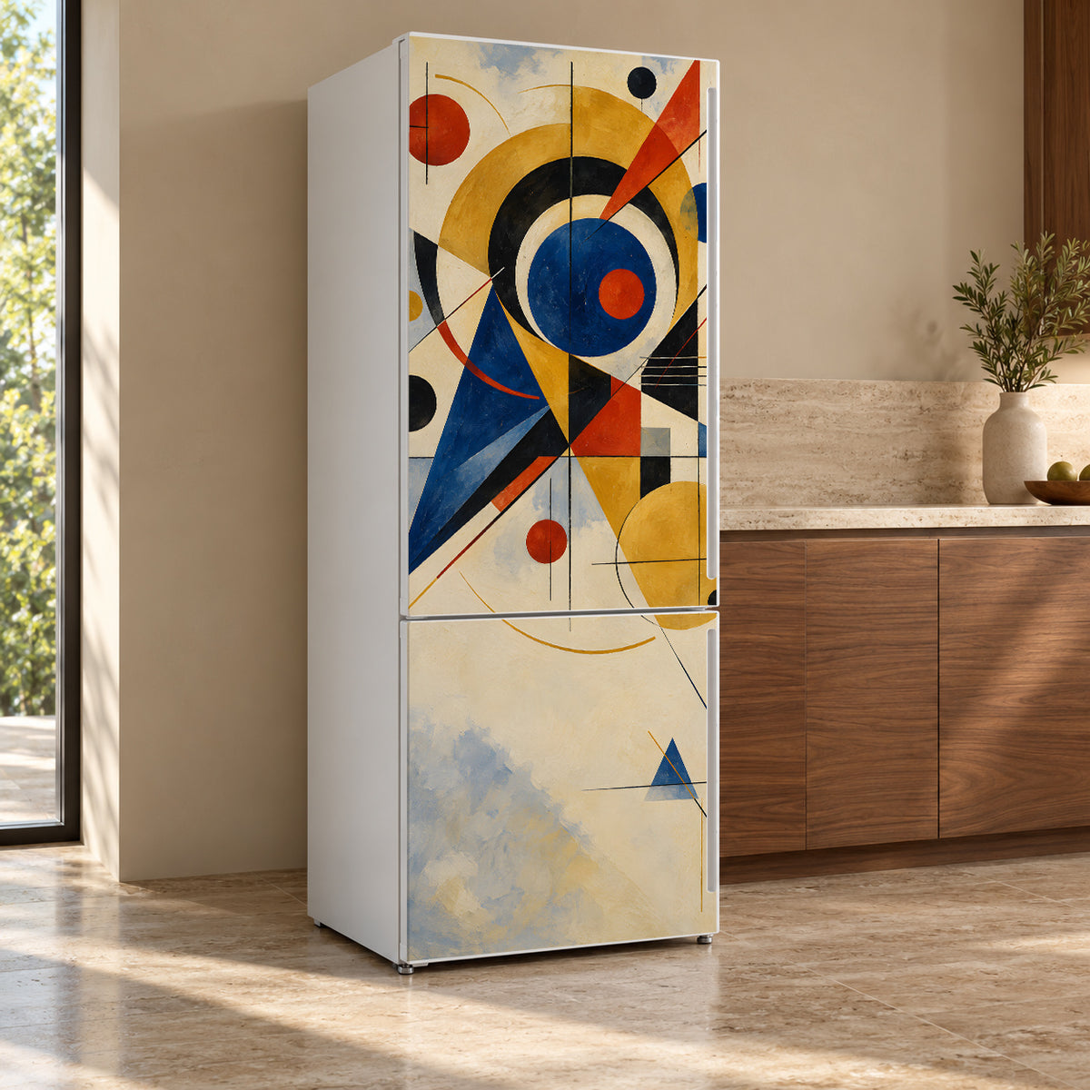 Kandinsky Inspired Abstract fridge wrap, refrigerator shown at an angle