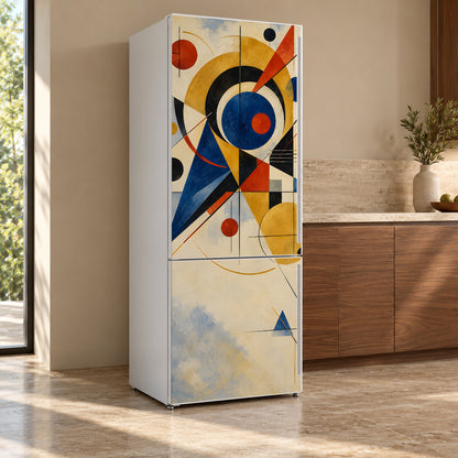 Kandinsky Inspired Abstract fridge wrap, refrigerator shown at an angle