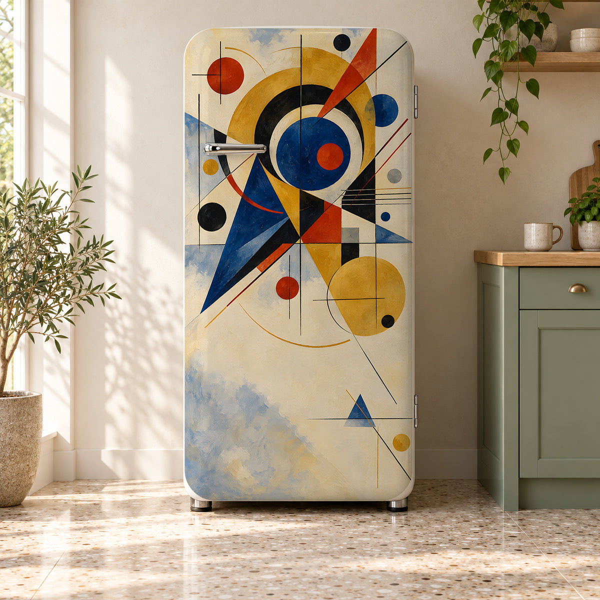 Kandinsky Inspired Abstract fridge wrap on a retro refrigerator