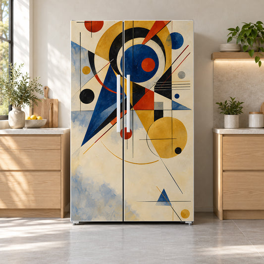 Kandinsky Inspired Abstract fridge wrap on a side-by-side refrigerator
