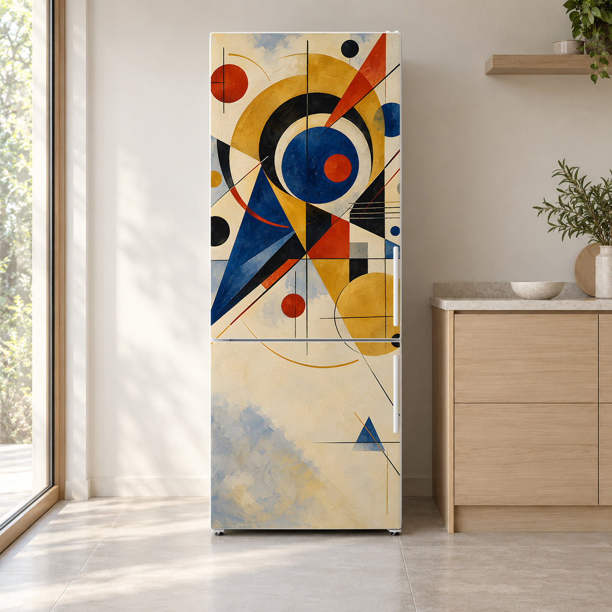 Kandinsky Inspired Abstract fridge wrap on a white refrigerator in a bright kitchen
