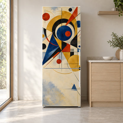 Kandinsky Inspired Abstract fridge wrap on a white refrigerator in a bright kitchen