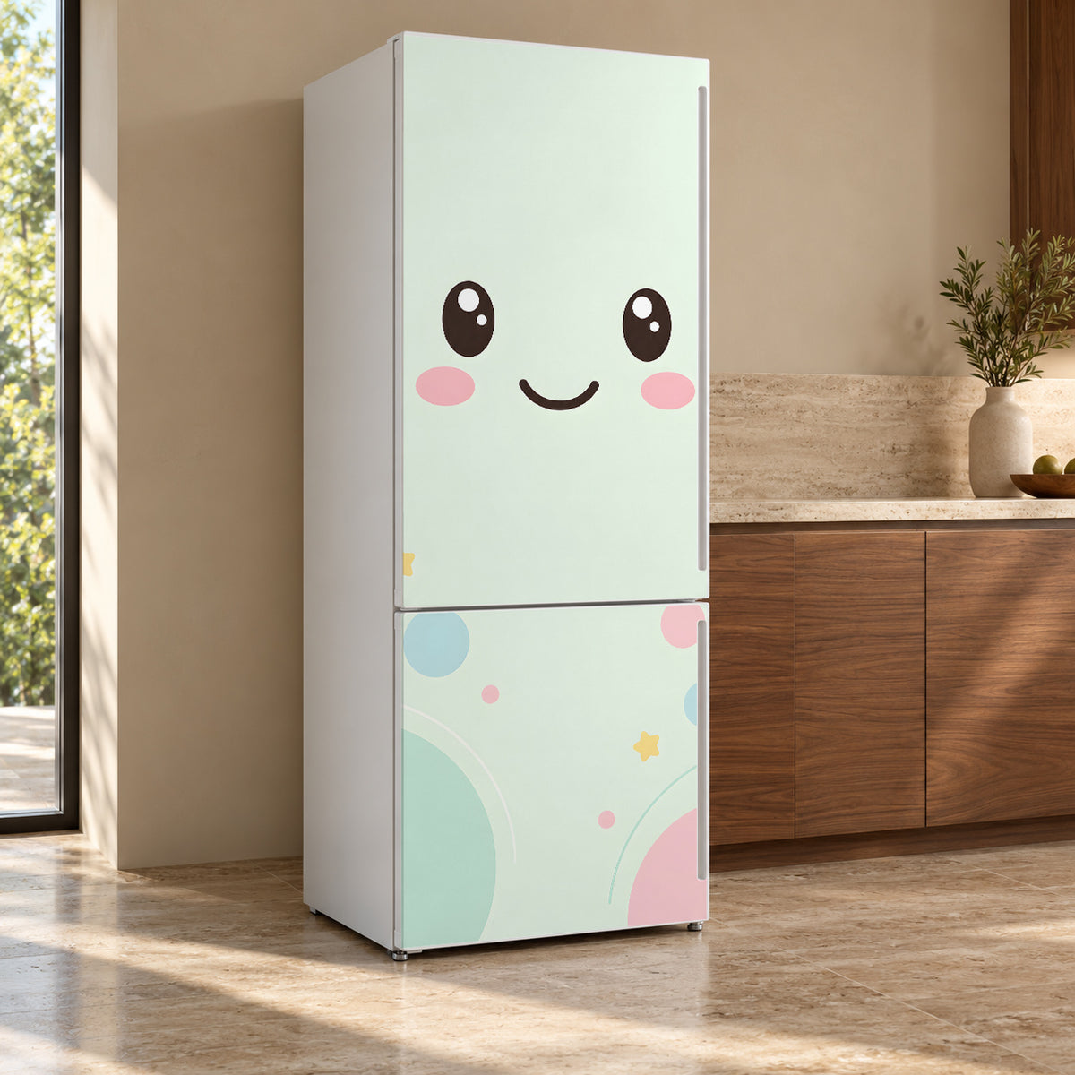 Kawaii Fridge Face fridge wrap, refrigerator shown at an angle