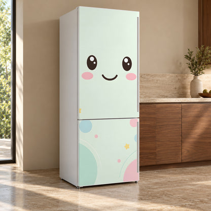 Kawaii Fridge Face fridge wrap, refrigerator shown at an angle