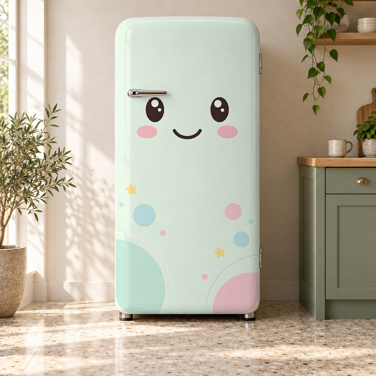 Kawaii Fridge Face fridge wrap on a retro refrigerator