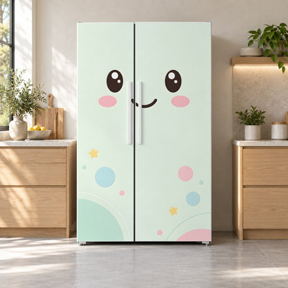 Kawaii Fridge Face fridge wrap on a side-by-side refrigerator
