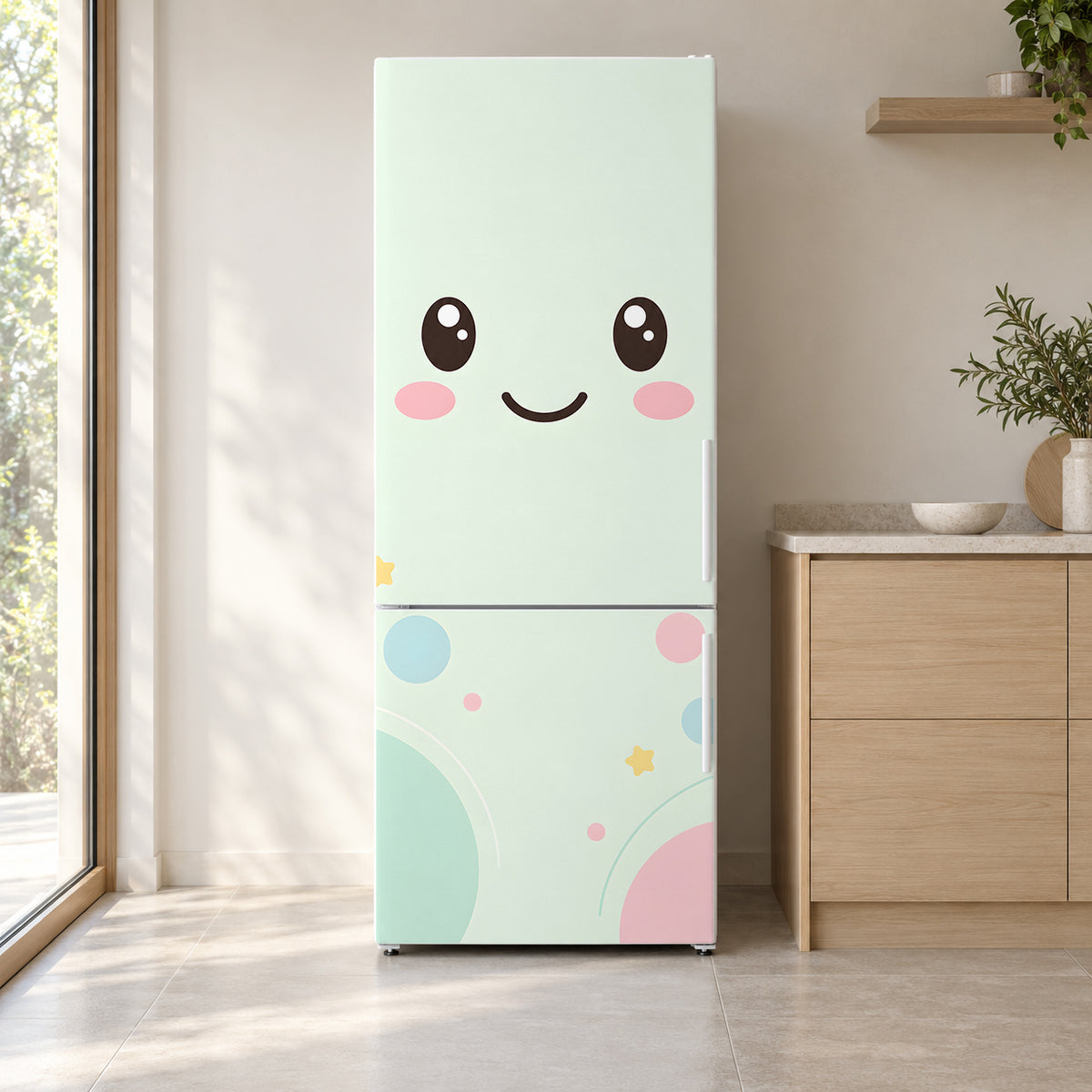 Kawaii Fridge Face fridge wrap on a white refrigerator in a bright kitchen