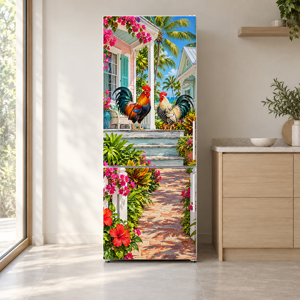 Key West Conch Houses fridge wrap on a white refrigerator in a bright kitchen