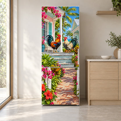 Key West Conch Houses fridge wrap on a white refrigerator in a bright kitchen
