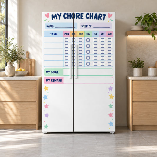 Kids Chore Chart fridge wrap on a side-by-side refrigerator