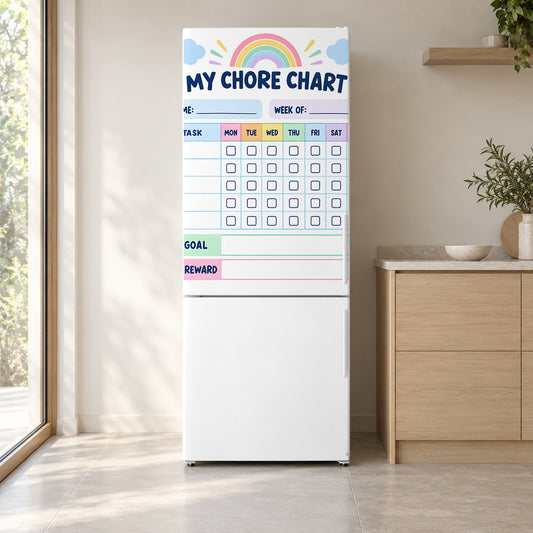Kids Chore Chart fridge wrap on a white refrigerator in a bright kitchen