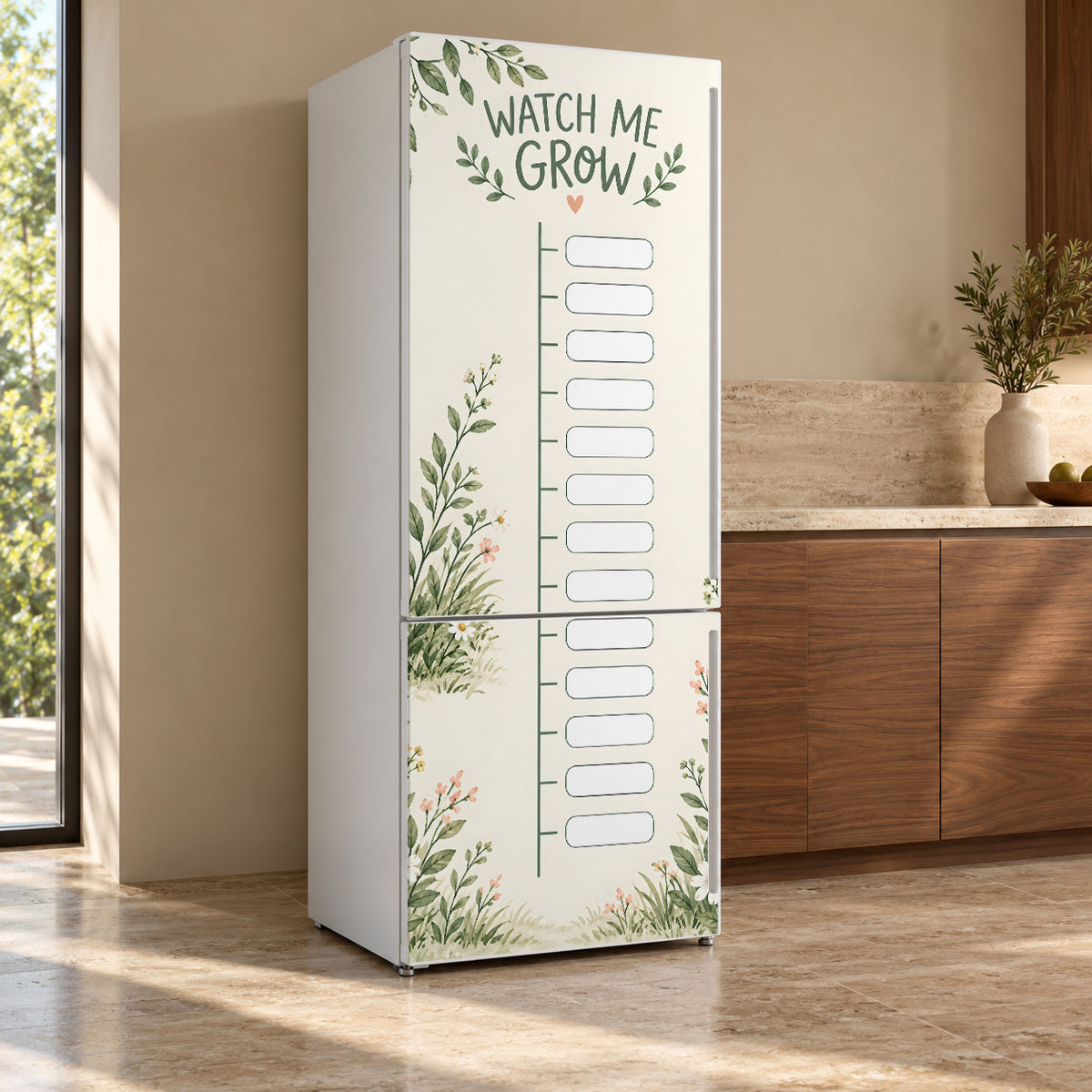Kids Growth Chart fridge wrap, refrigerator shown at an angle