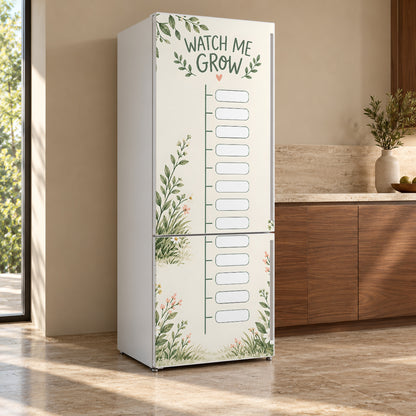 Kids Growth Chart fridge wrap, refrigerator shown at an angle