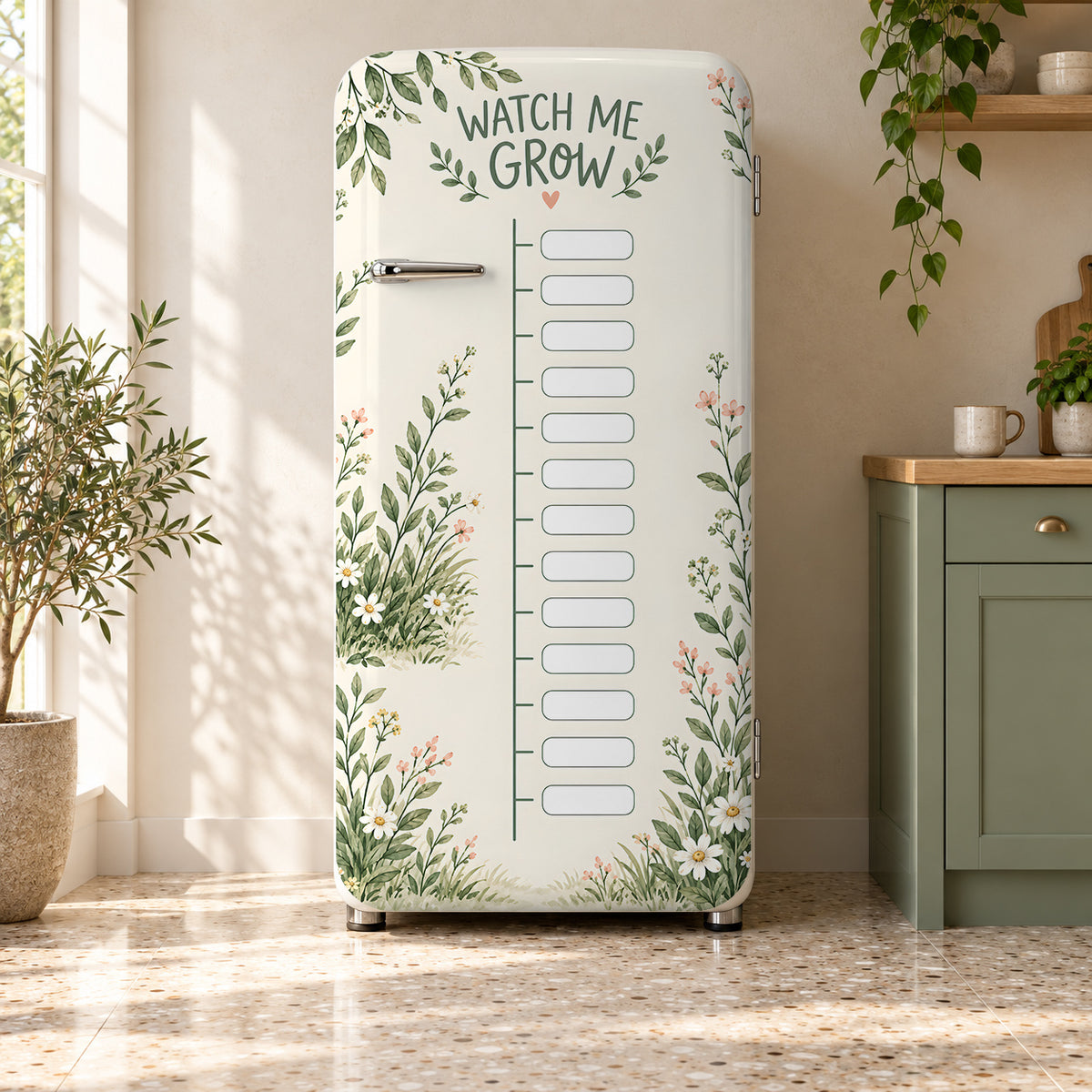 Kids Growth Chart fridge wrap on a retro refrigerator