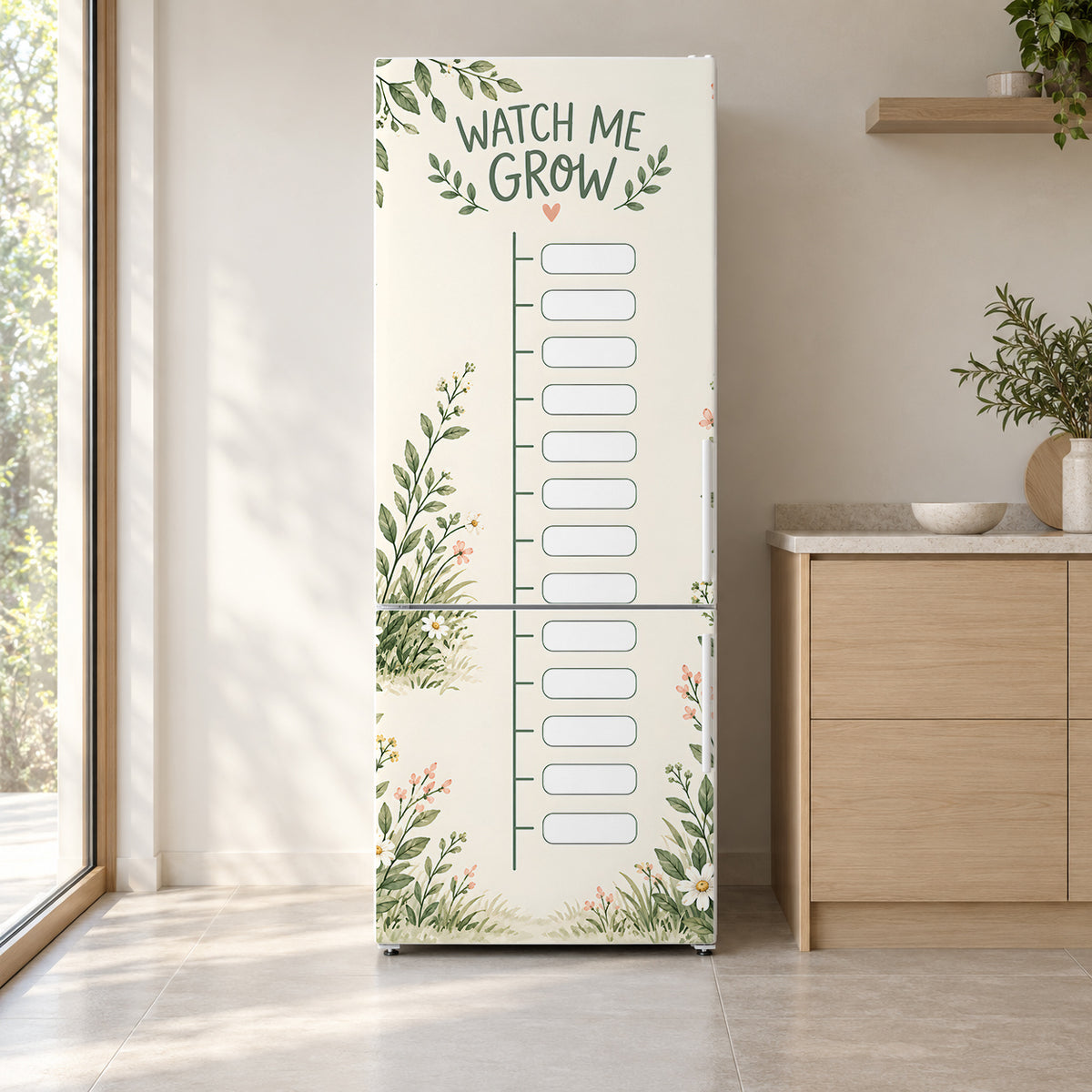 Kids Growth Chart fridge wrap on a white refrigerator in a bright kitchen