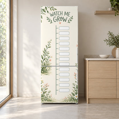 Kids Growth Chart fridge wrap on a white refrigerator in a bright kitchen