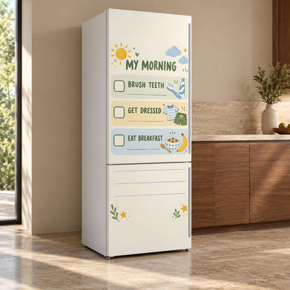 Kids Morning Routine Chart fridge wrap, refrigerator shown at an angle