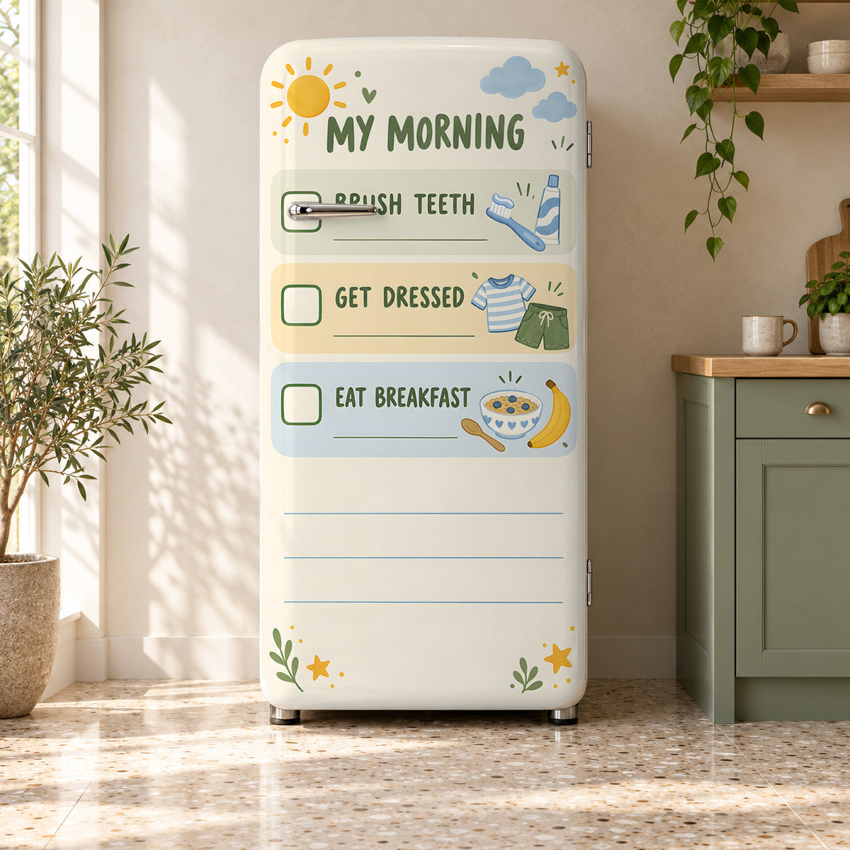 Kids Morning Routine Chart fridge wrap on a retro refrigerator
