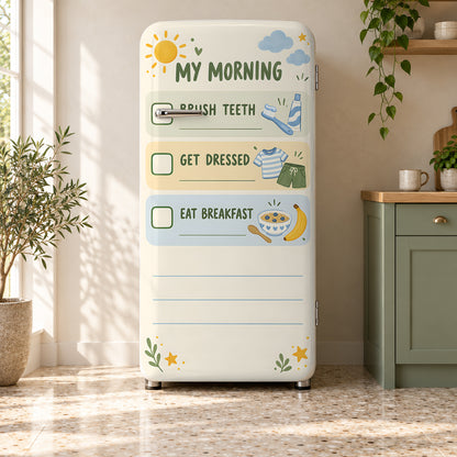 Kids Morning Routine Chart fridge wrap on a retro refrigerator