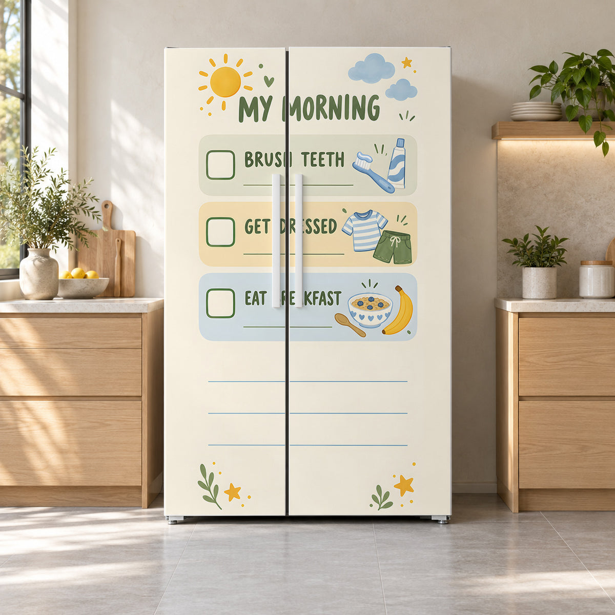 Kids Morning Routine Chart fridge wrap on a side-by-side refrigerator
