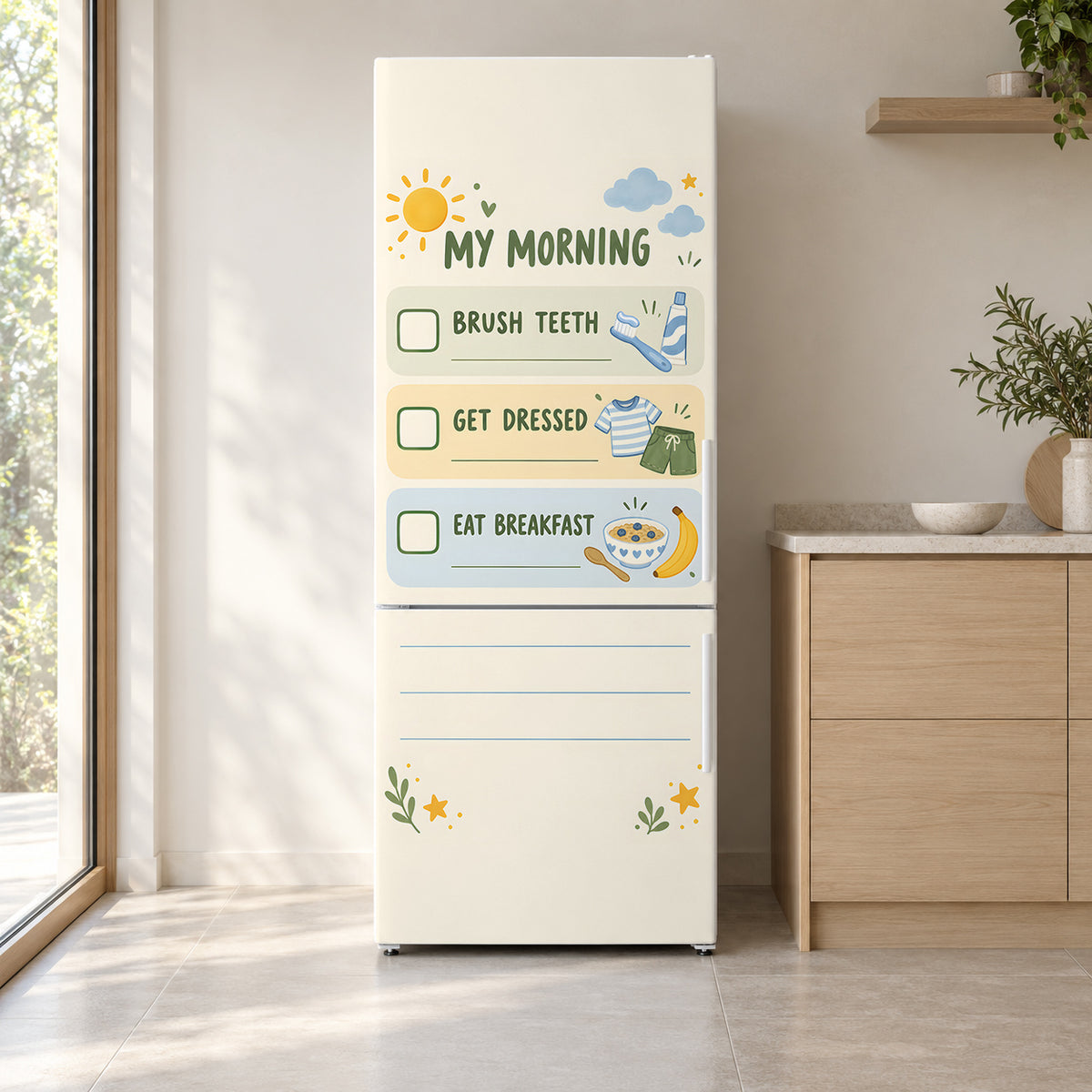 Kids Morning Routine Chart fridge wrap on a white refrigerator in a bright kitchen
