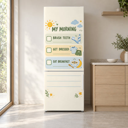 Kids Morning Routine Chart fridge wrap on a white refrigerator in a bright kitchen