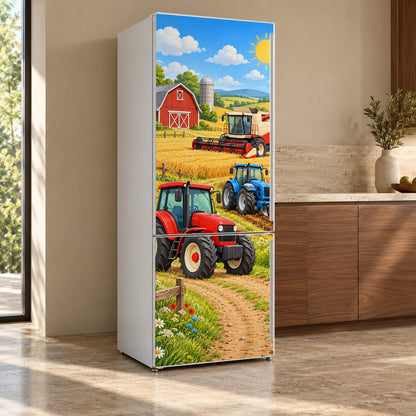 Kids Tractors on the Farm fridge wrap, refrigerator shown at an angle