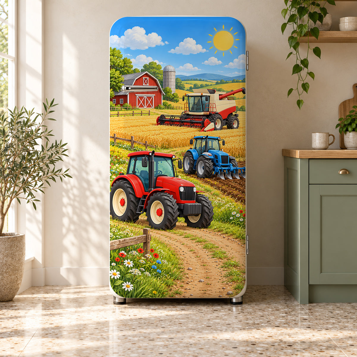 Kids Tractors on the Farm fridge wrap on a retro refrigerator