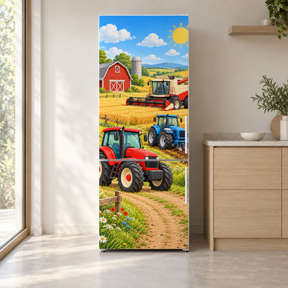 Kids Tractors on the Farm fridge wrap on a white refrigerator in a bright kitchen