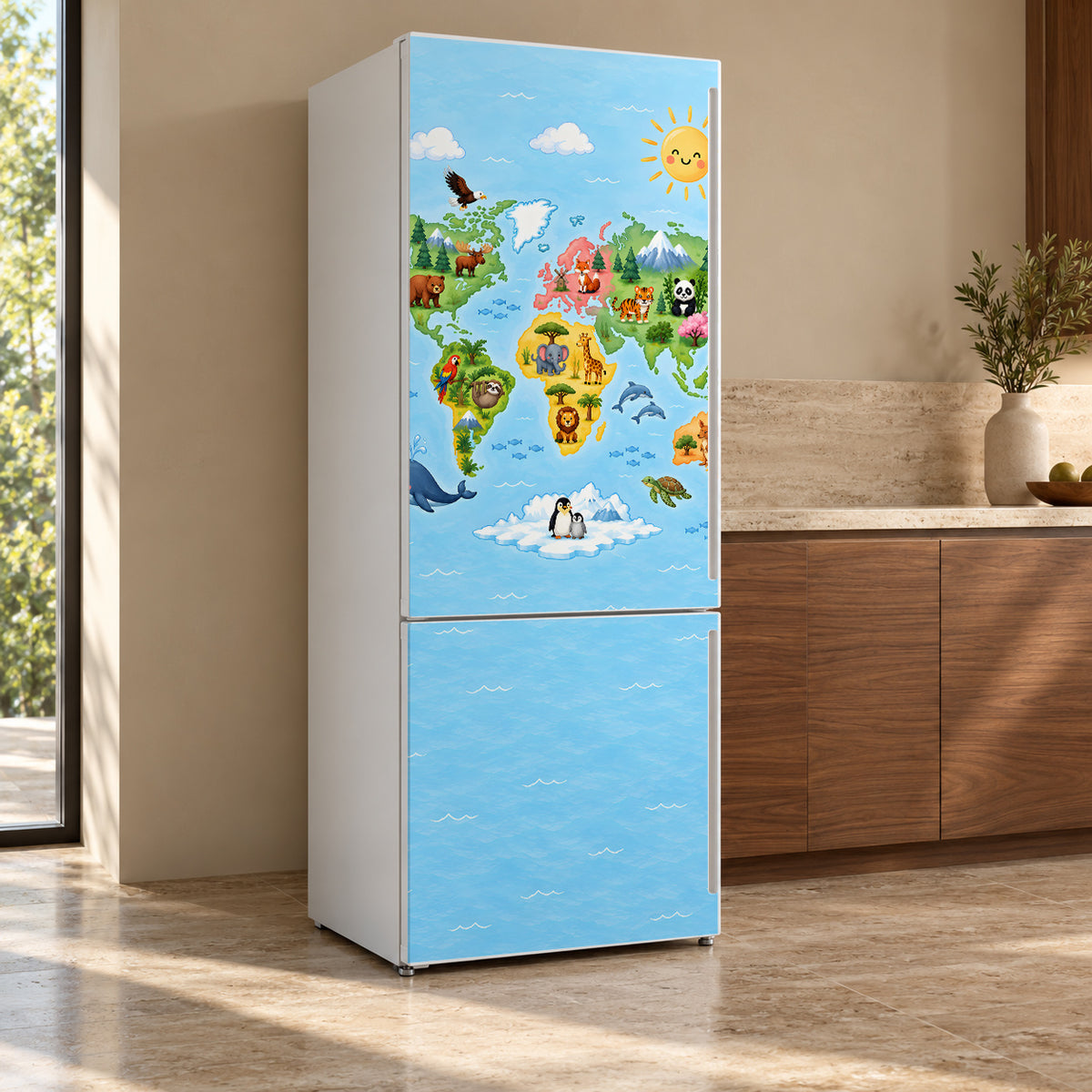 Kids World Map fridge wrap, refrigerator shown at an angle