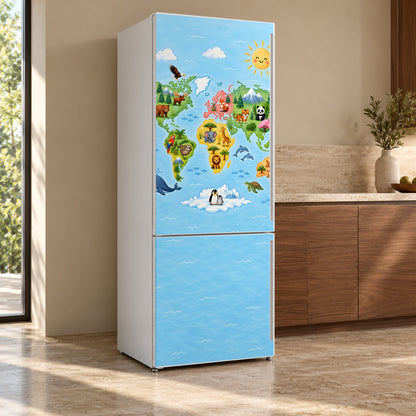 Kids World Map fridge wrap, refrigerator shown at an angle