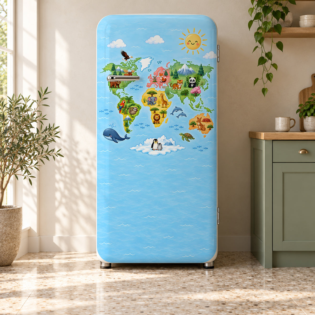 Kids World Map fridge wrap on a retro refrigerator