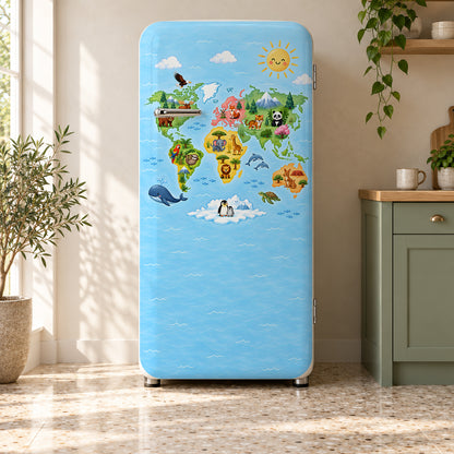 Kids World Map fridge wrap on a retro refrigerator