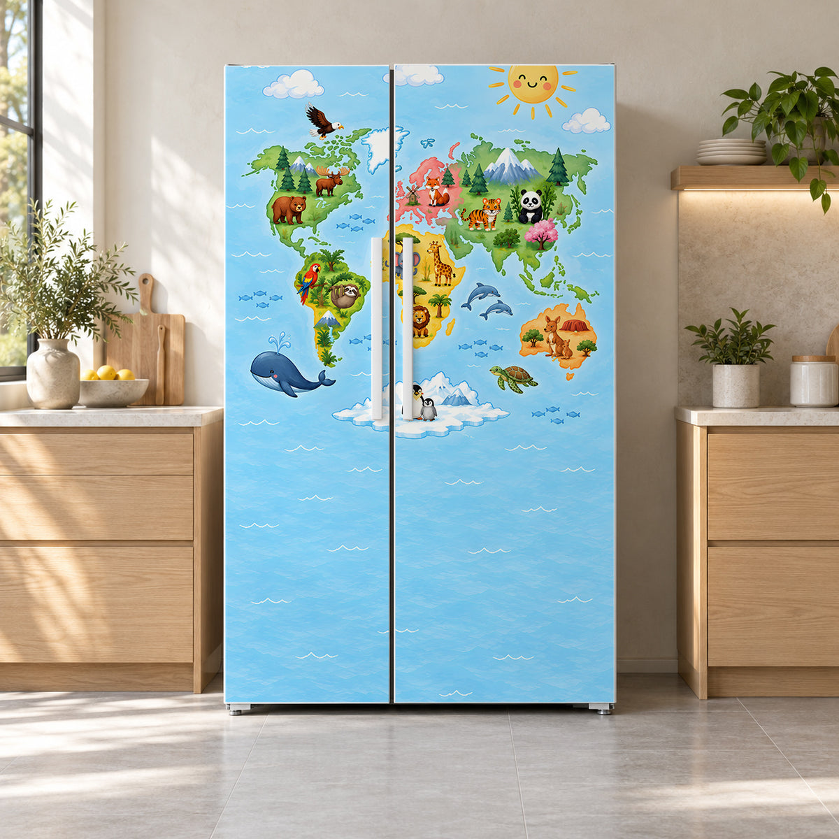 Kids World Map fridge wrap on a side-by-side refrigerator