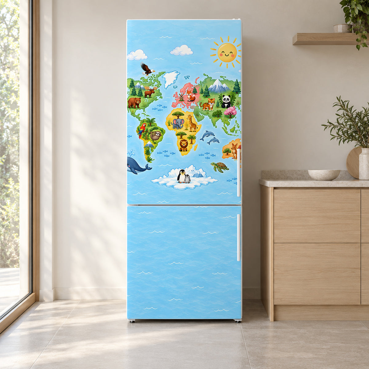 Kids World Map fridge wrap on a white refrigerator in a bright kitchen