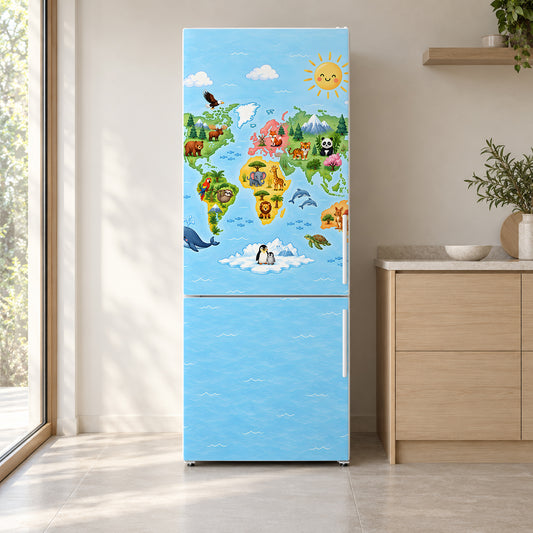 Kids World Map fridge wrap on a white refrigerator in a bright kitchen