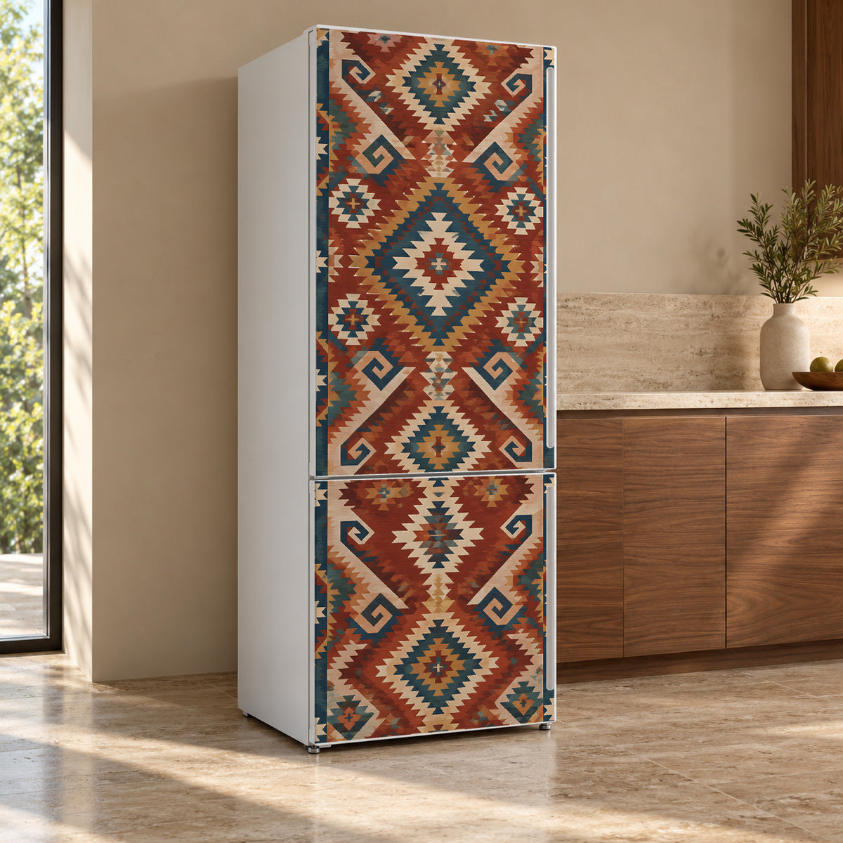 Kilim Pattern fridge wrap, refrigerator shown at an angle